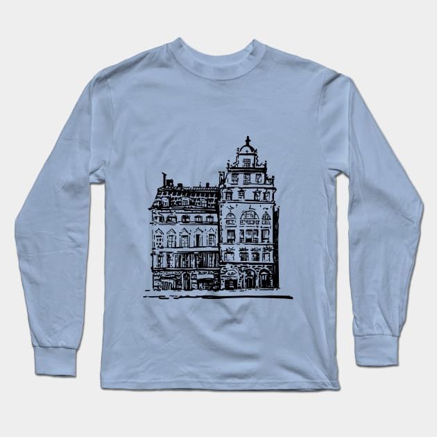 Old house. Black contour linear pattern. Long Sleeve T-Shirt by ElizabethArt